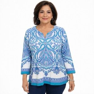 JM COLLECTION Size Large Petite Rhinestone‎ Embellished 100% Slubbed Cotton Top